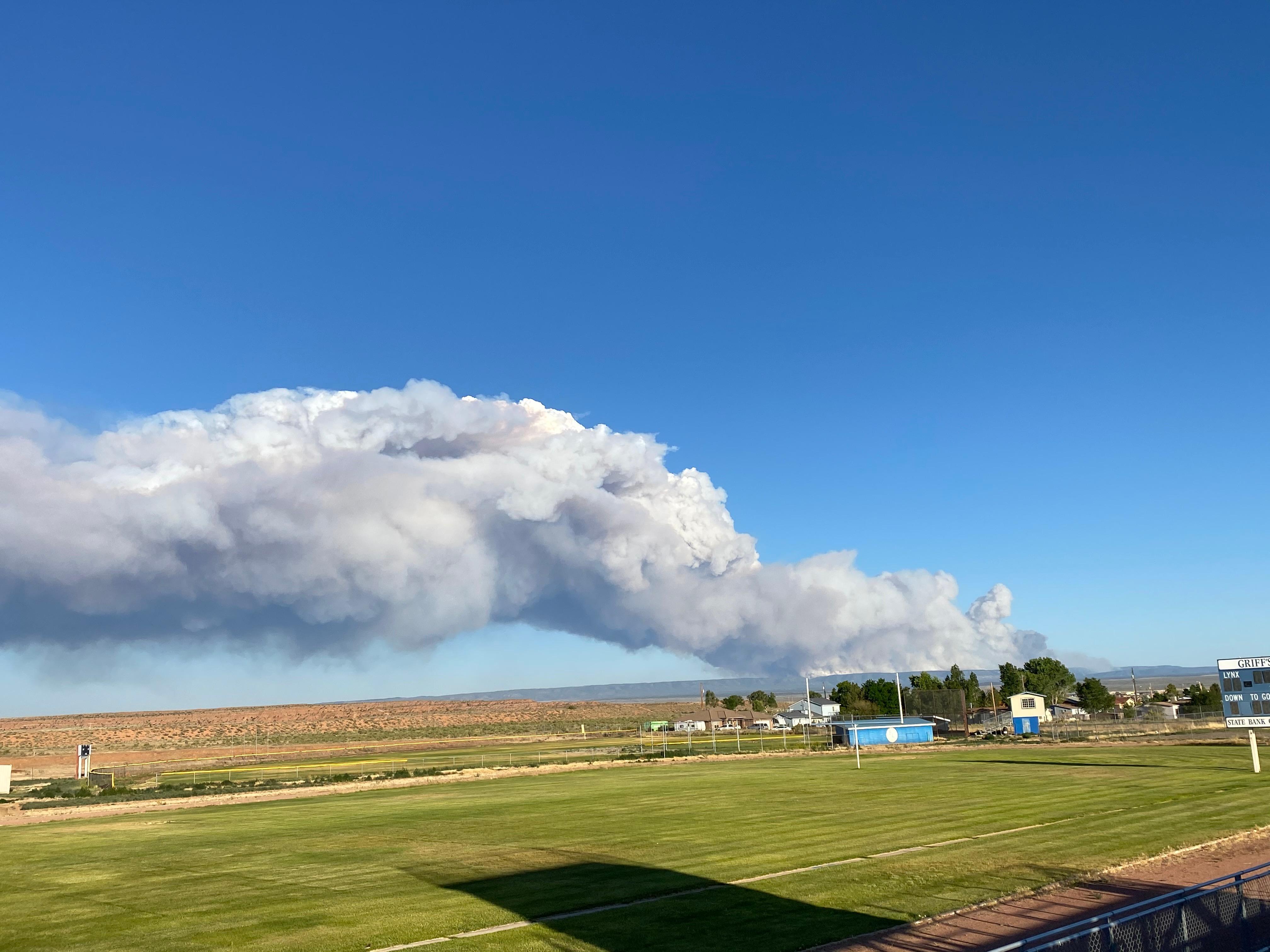 View of the Mangum Fire smoke column from the Fredonia High School. Photo Credit: Kaibab National Forest
