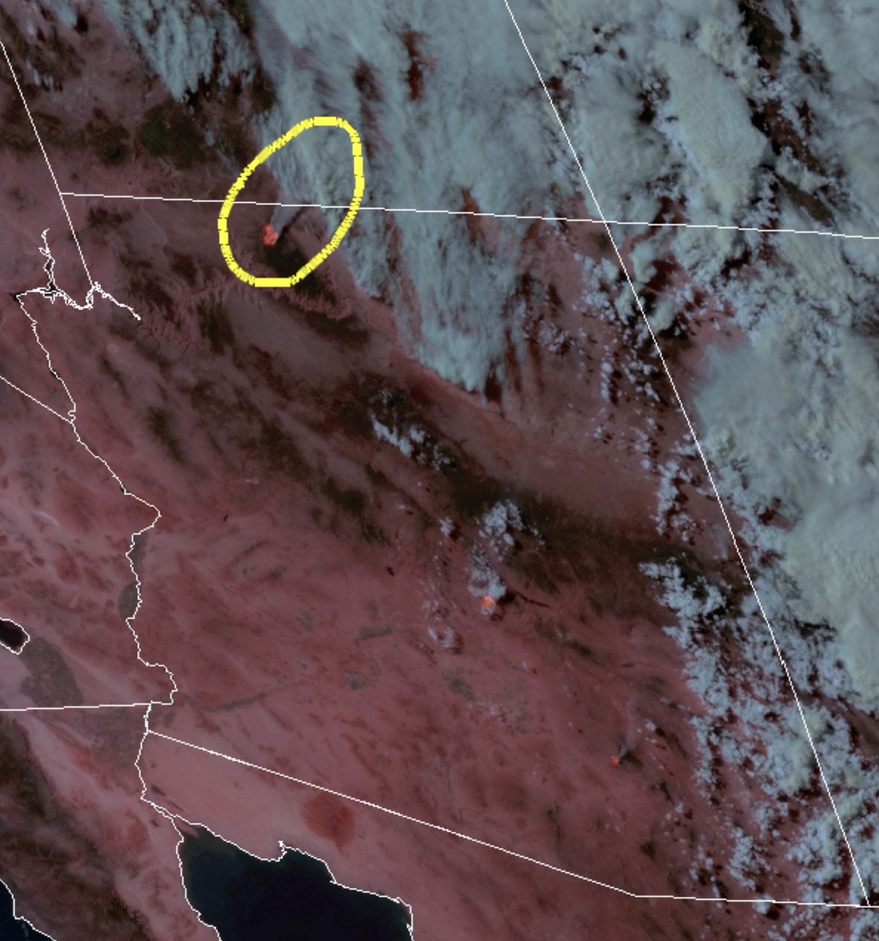 Satellite imagery depicting a fire hotspot produced by the Mangum Fire.