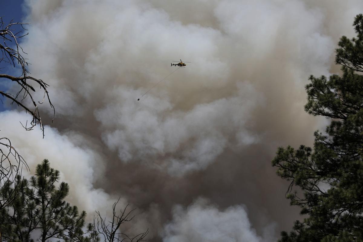Helicopter carrying a bag of water to be dropped on the Museum Fire with a big plume of smoke in the background.