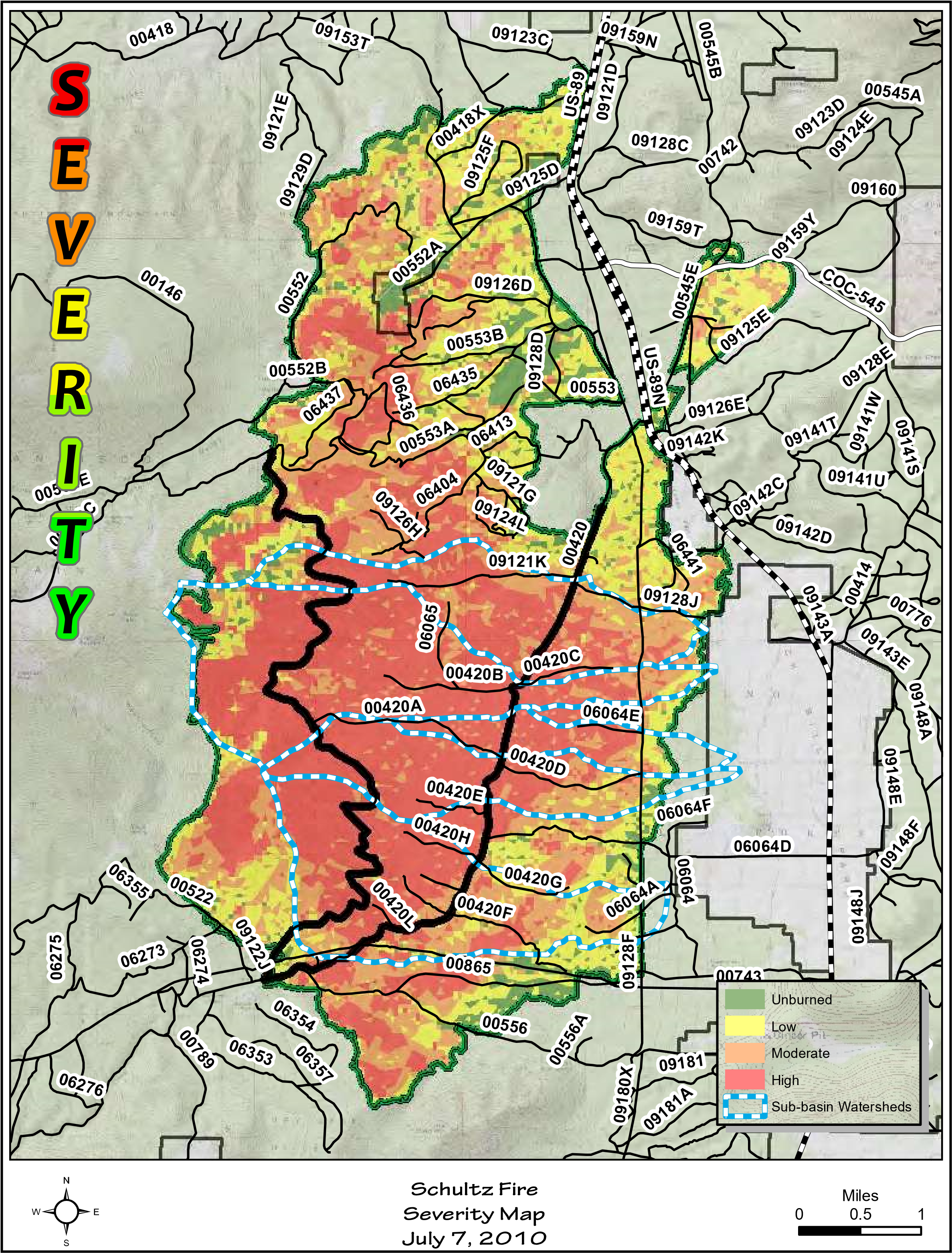 Map of the Schultz Fire burn scar area where heavy rainfall occurred on July 20th, 2010.