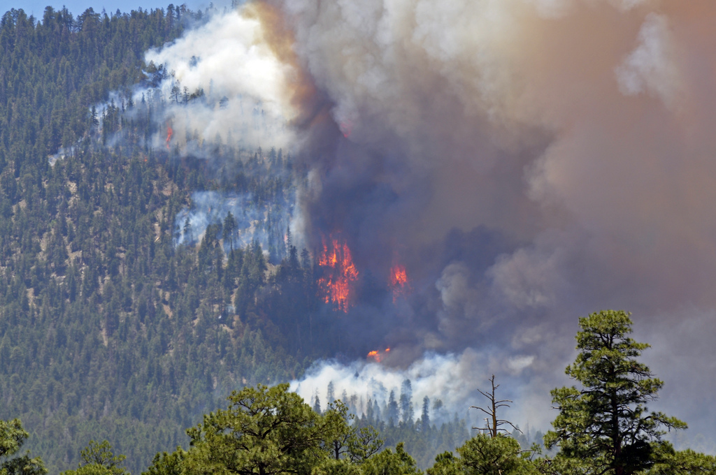 Flames associated with the Schultz Fire on the side of mountainous terrain. Photo credit: USDA Forest Service, Coconino National Forest