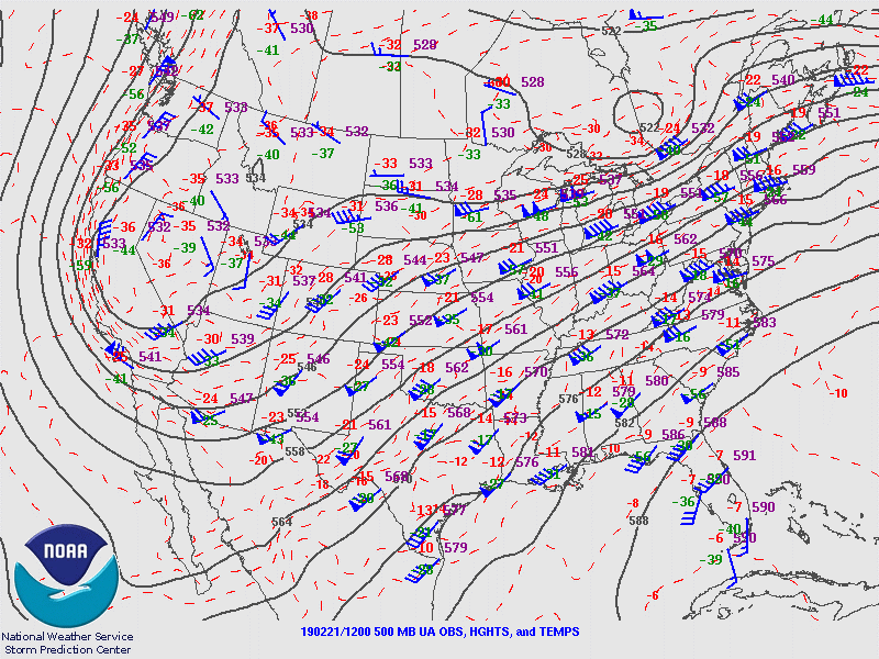 Upper Air chart from 5 AM MST on February 21, 2019 showing 500 mb heights, wind barbs and temperatures.