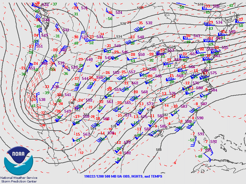 Upper Air chart from 5 AM MST on February 22, 2019 showing 500 mb heights, wind barbs and temperatures.