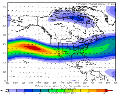 A very strong jet stream associated with these three storm systems extended from the Central Pacific into the Desert Southwest.