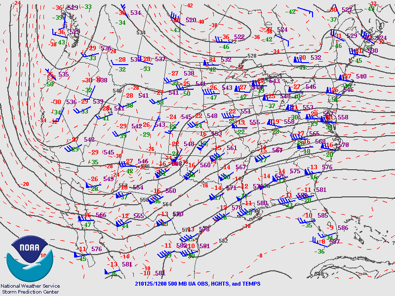 Upper Air chart from 5 AM MST on January 25, 2021 showing 500 mb heights, wind barbs and temperatures.