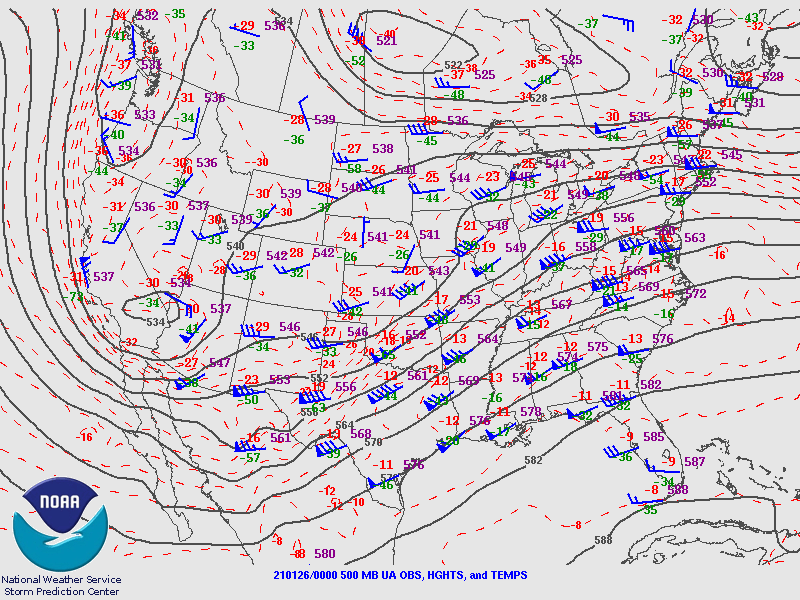 Upper Air chart from 5 PM MST on January 25, 2021 showing 500 mb heights, wind barbs and temperatures.