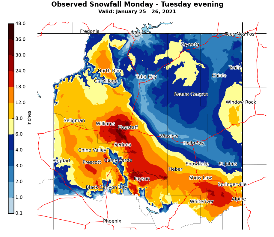 Observed Storm Total Snow from Monday to Tuesday evening