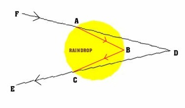 Image of the path of a ray of light through a raindrop