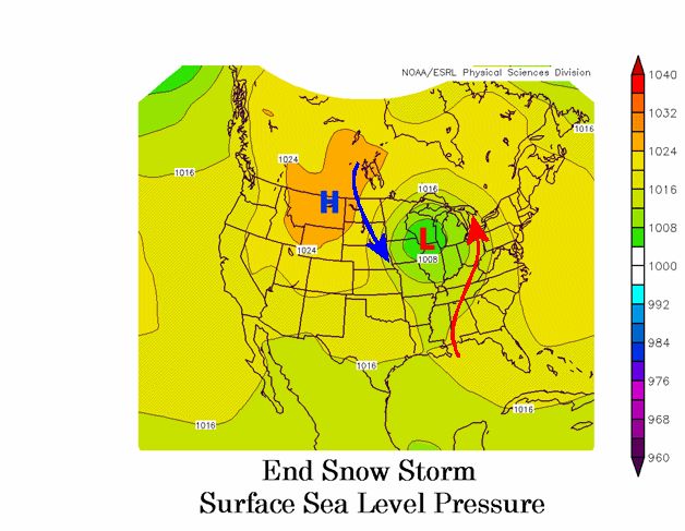 Mean sea level pressure at the end of snowstorms in Sioux Falls