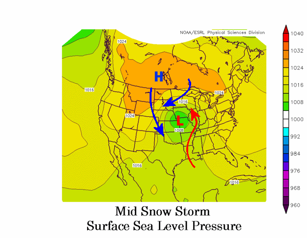 Mean sea level pressure maps for the middle of snowstorms in Sioux Falls.