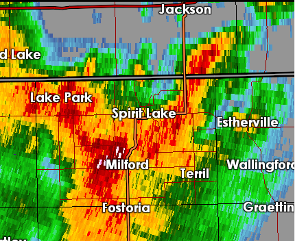 Radar reflectivity image as damaging winds approach Spirit Lake, Iowa.