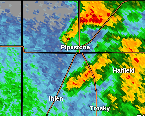 Reflectivity image from 1:54 pm CDT near Pipestone, MN