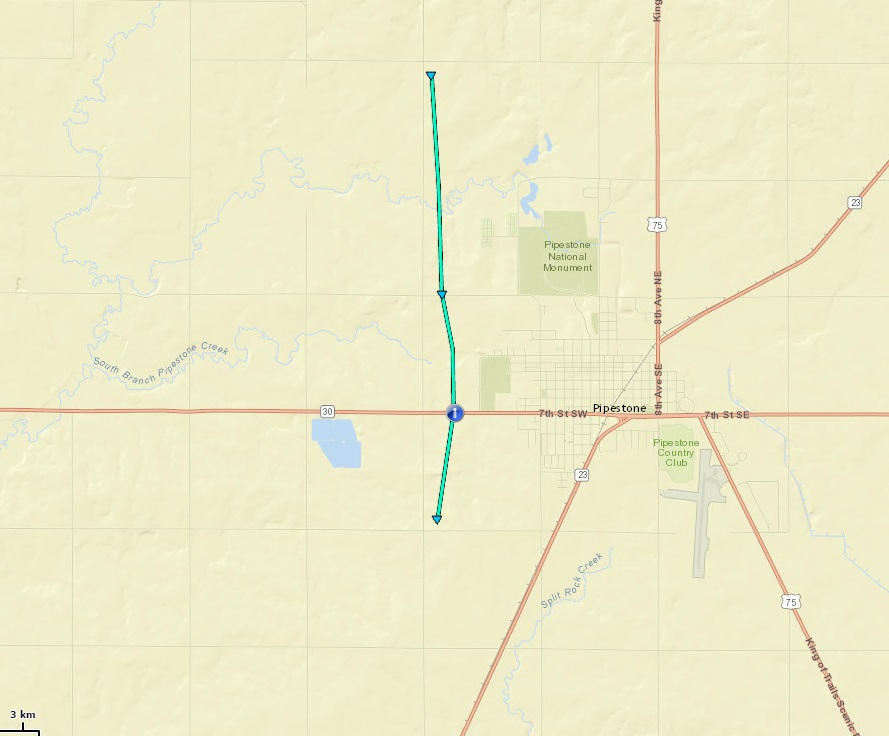 Track of the tornado near Pipestone Minnesota