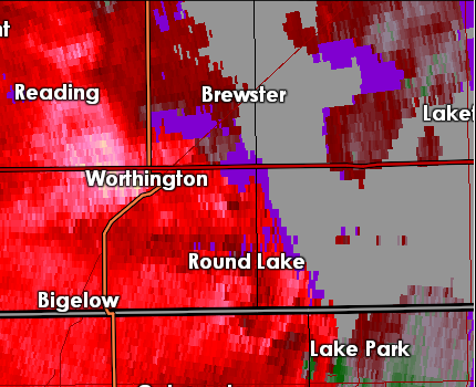 Velocity image as damaging winds move through Worthington, Minnesota.