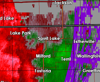 Velocity image as damaging winds move through Spirit Lake, Iowa