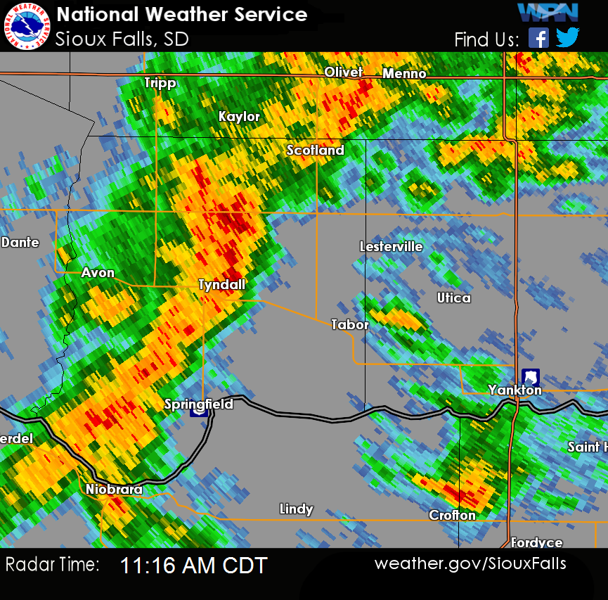 Radar image from 11:16 am CDT over Bon Homme County, South Dakota