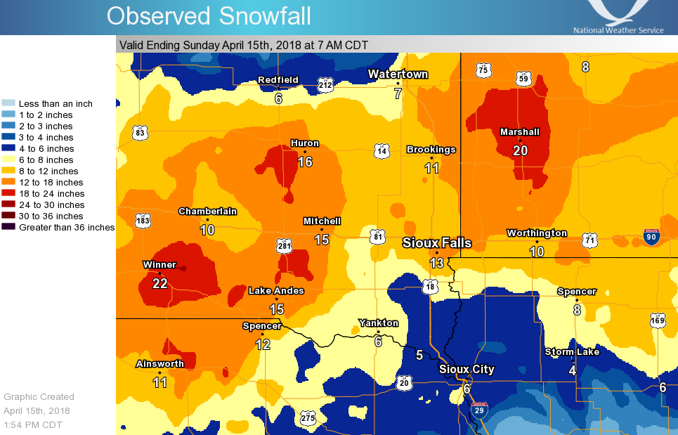 Map of 2-Day snowfall amounts across southeast South Dakota, southwest Minnesota, northeast Nebraska and northwest Iowa.