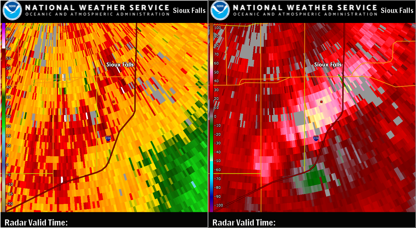 Radar Image near the time of tree damage at Cherry Rock Park in Sioux Falls