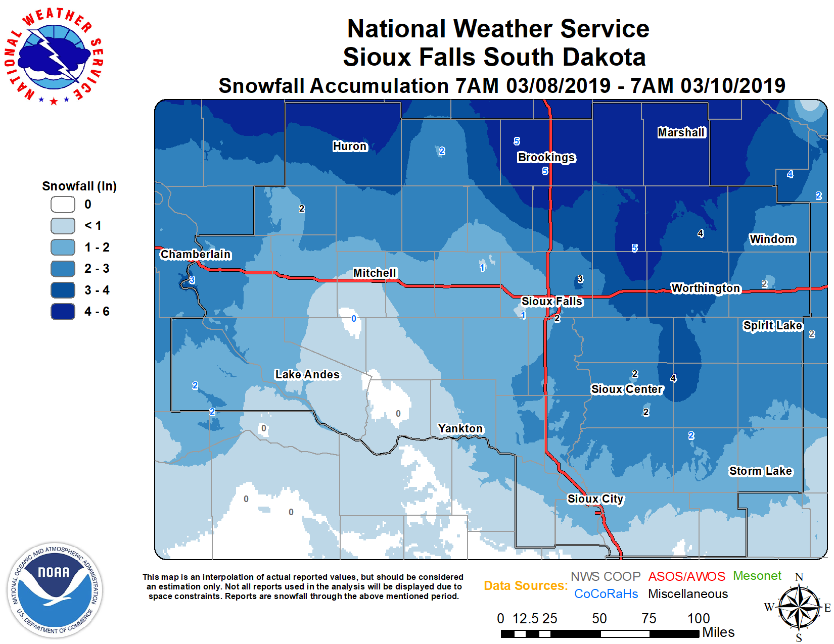 Map of snowfall on March 9, 2019