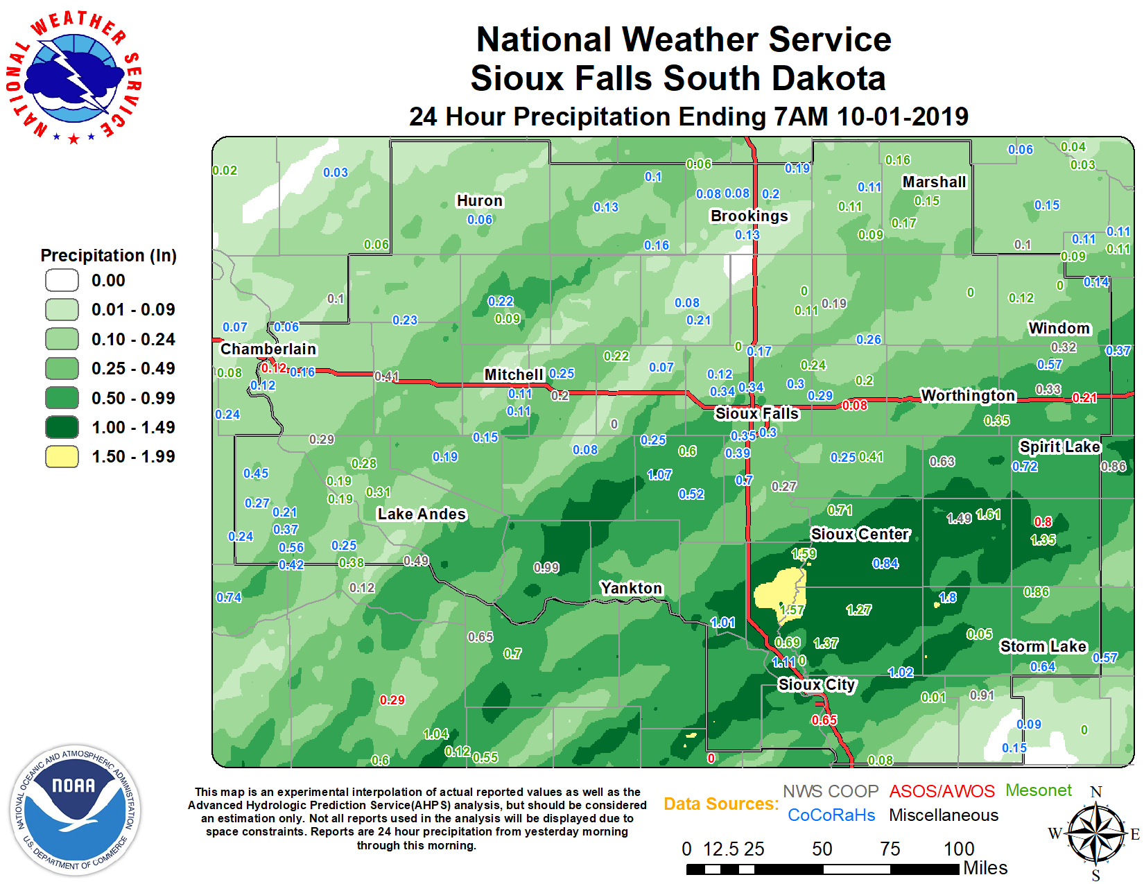 Map of 24 hour rainfall Ending at 7 AM October 1, 2019