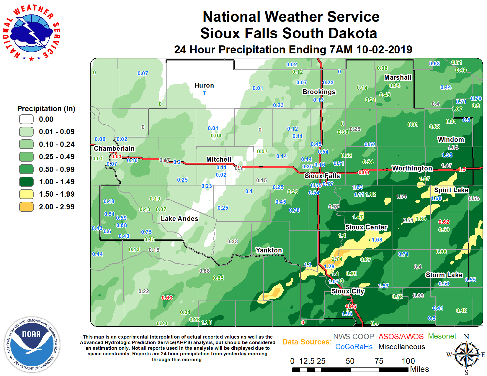 24-hour rainfall ending at 7 AM, October 2, 2019