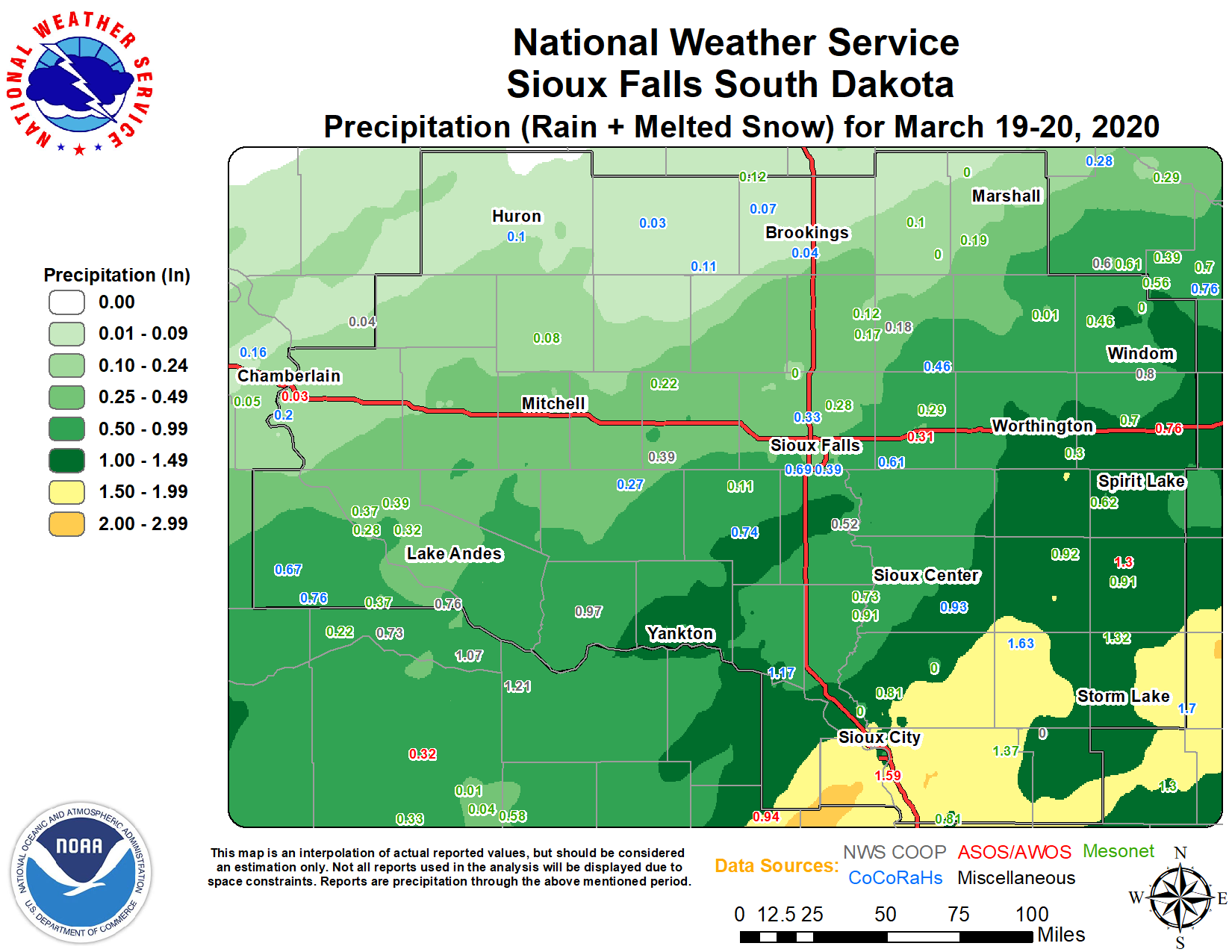 Map of Precipitation Reports, including a combination of Rain and Melted Snow.