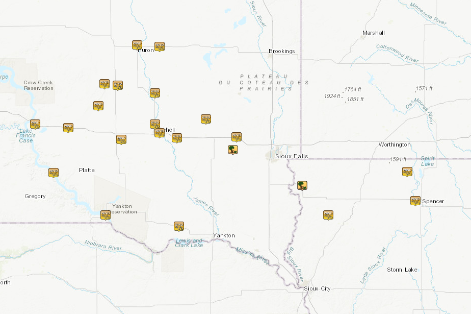 Map plotting locations of strong to severe wind reports.