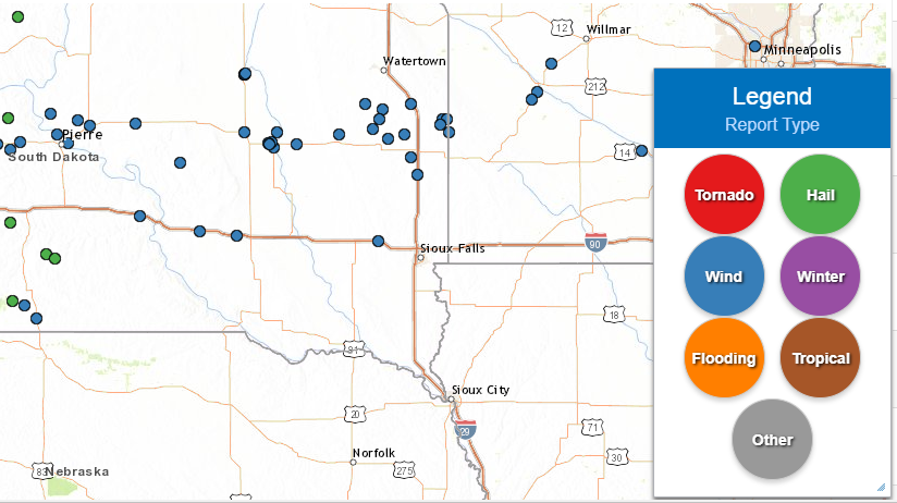 Map of mainly strong to severe wind reports, concentrated through the Highway 14 corridor.