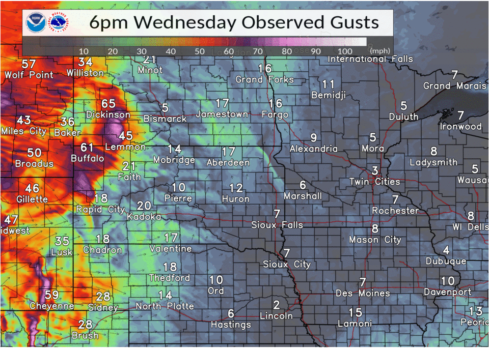 Loop showing hourly peak wind gusts from 6pm January 13, through 6pm January 14, 20201