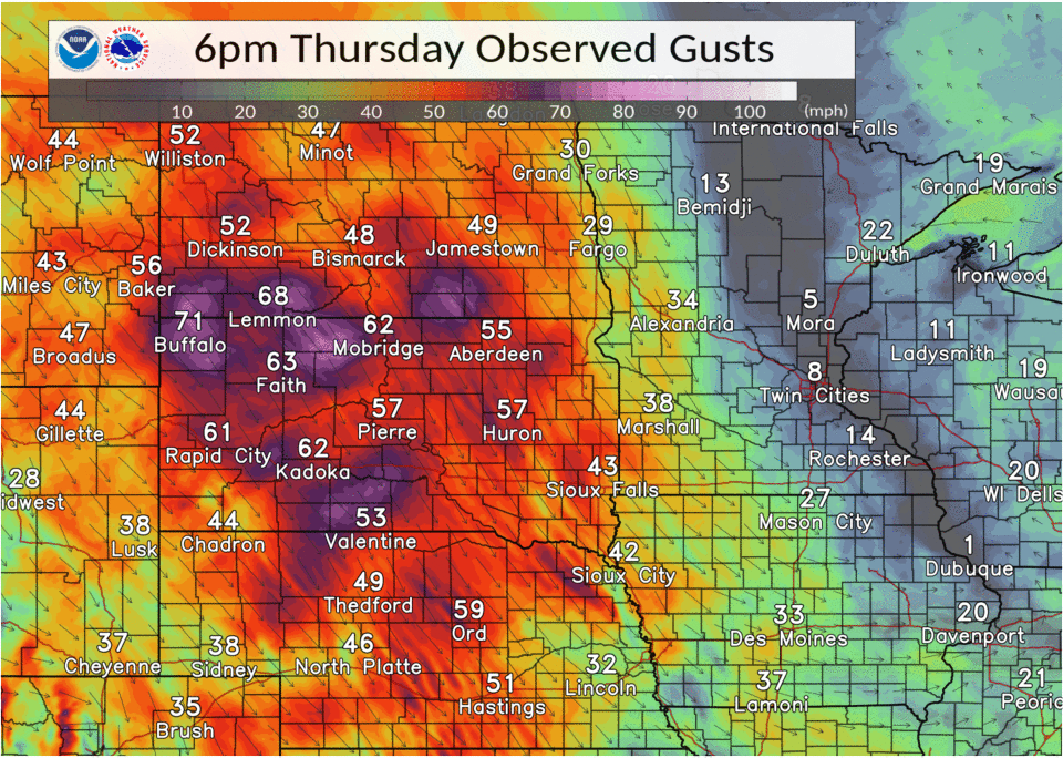 Loop showing hourly peak wind gusts 6pm Thursday, January 14 through 6pm Friday, January 15, 2021