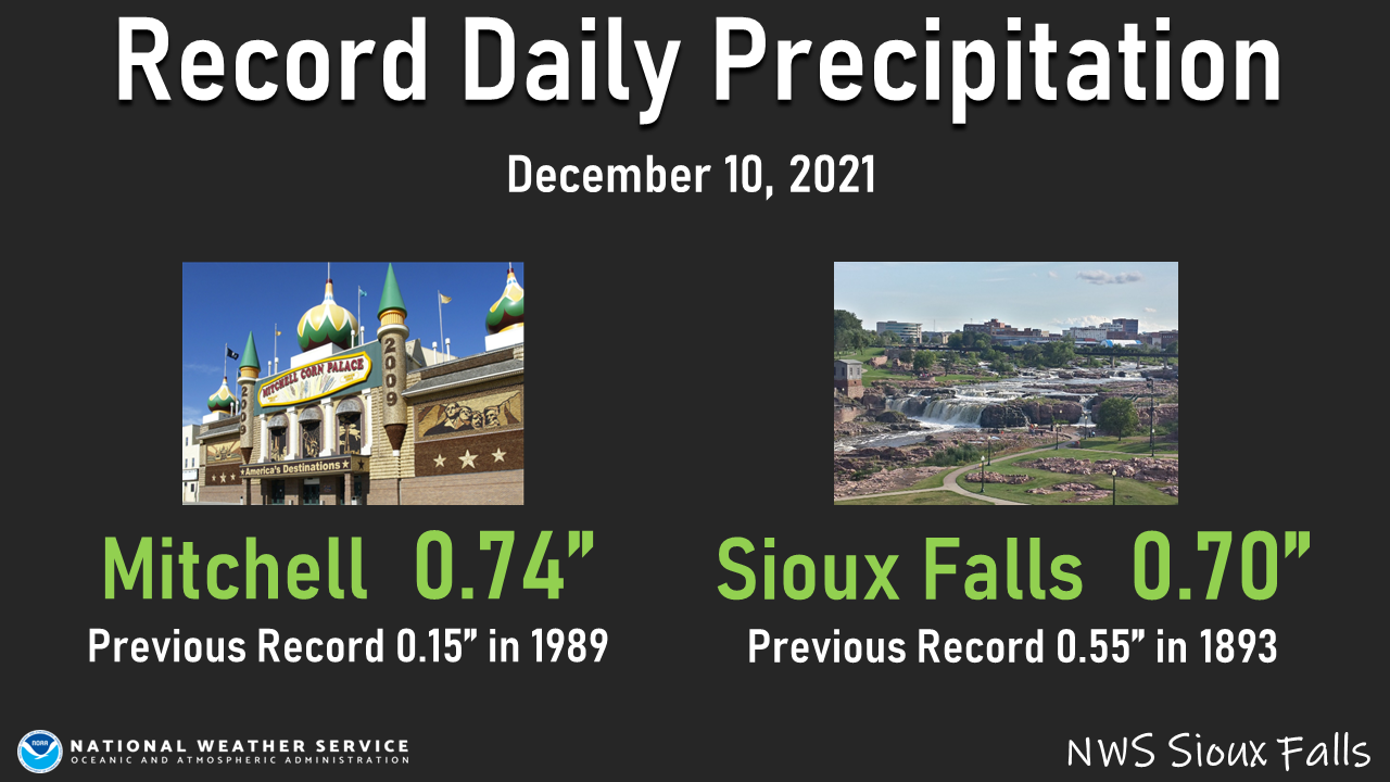 Daily Precipitation Records for December 10th broken at Mitchell and Sioux Falls, SD
