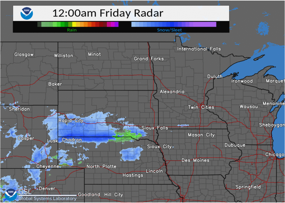 Radar loop of the snow beginning to develop from 12 am to 6 am on Friday, December 10th. 