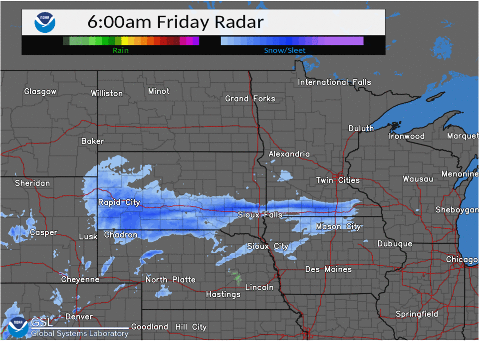Radar loop of the snow storm developing from 6 am to 12 pm on Friday, December 10th.