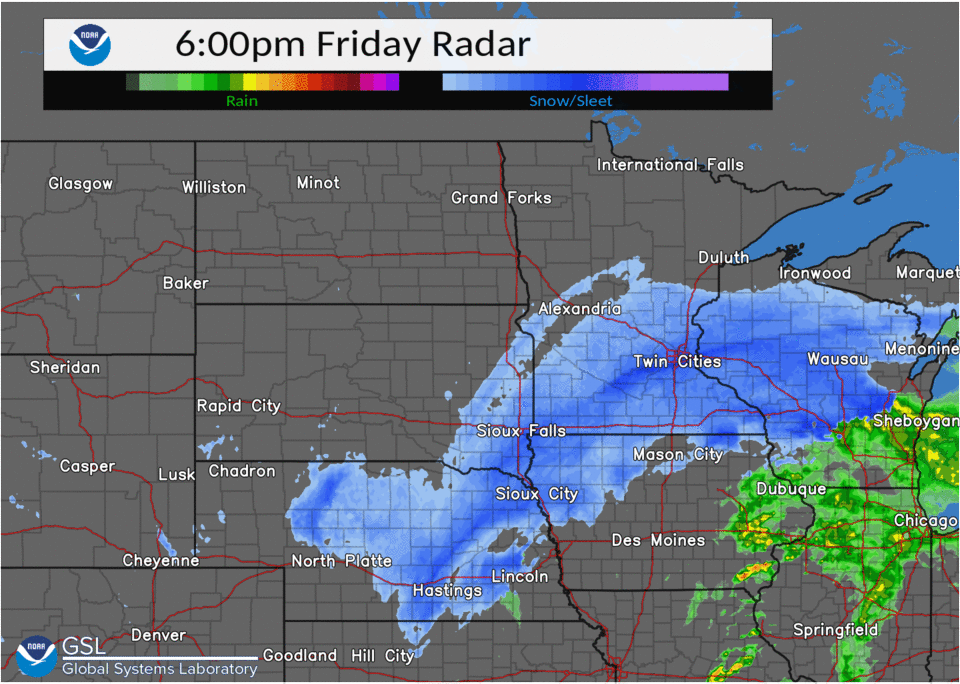 Radar loop of the snow storm moving out of the area from 6pm on Friday, December 10th to 12 am on Saturday, December 11th.