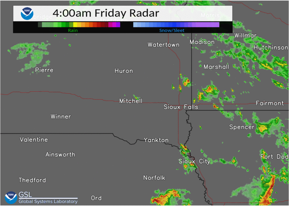 Radar Loop: 4am-8am Friday, April 22, 2022. Hail-producing thunderstorm in northwest Iowa & southwest Minnesota, amid other scattered storms.