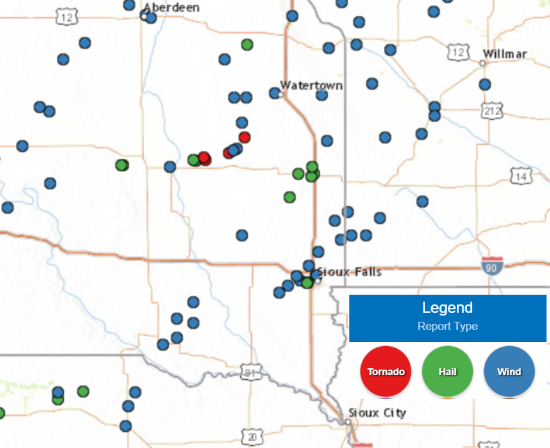 Map with plots of storm reports from June 20, 2022 in eastern South Dakota and southwest Minnesota