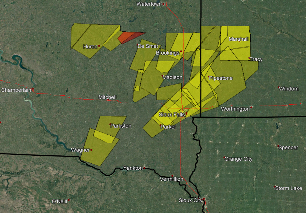Map of Severe Thunderstorm (yellow) and Tornado (red) warnings issued by NWS Sioux Falls on June 20, 2022