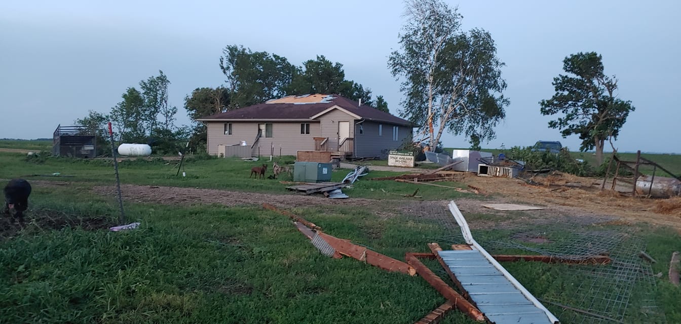 Shingle and outbuilding damage northwest of Parker, SD