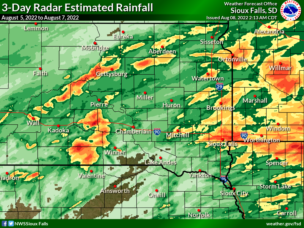 3-Day Radar Estimated Rainfall across eastern South Dakota, southwest Minnesota and northwest Iowa