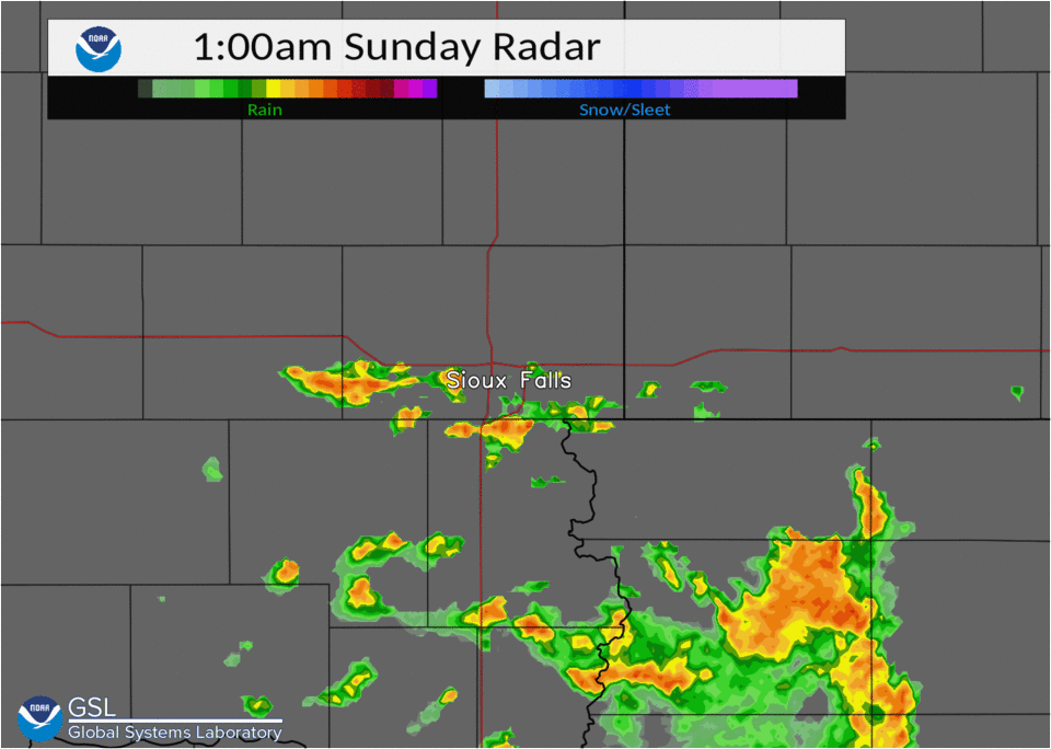 Radar Loop from 1 am to 7 am Sunday, August 7, 2022, zoomed into Sioux Falls.