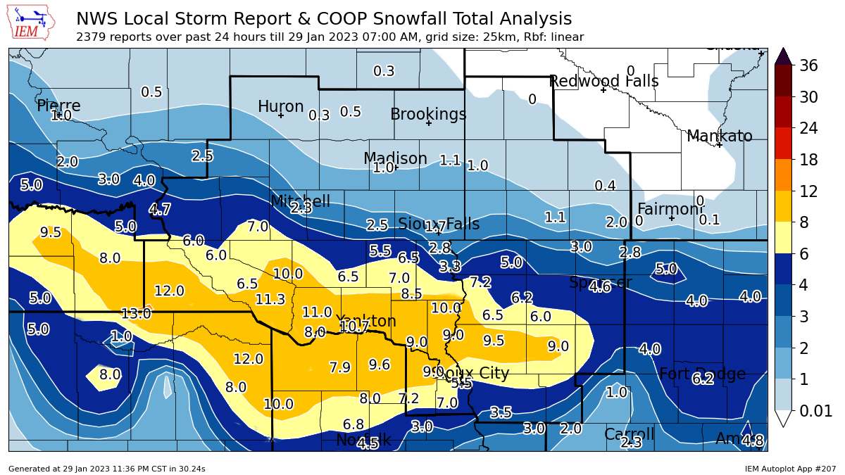 Map of snowfall reports, with heaviest totals from 8 to 12 inches along the Missouri River Valley