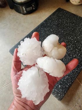 Photo of baseball size (2.75 inch) hail 6 miles south of Adrian, Minnesota.