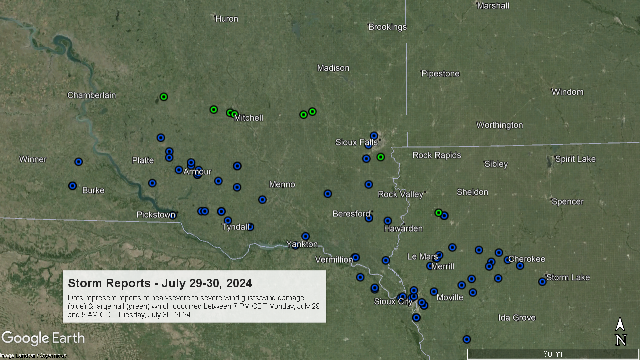 Plot of near-severe to severe wind gusts/wind damage and large hail during the evening of July 29 through the morning of July 30, 2024
