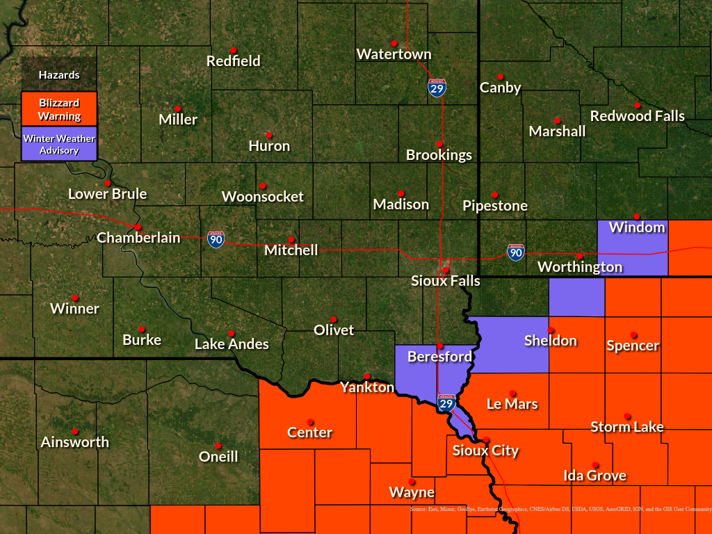 Winter Weather Advisories and Blizzard Warnings in effect across Nebraska, far southeastern South Dakota, northwestern Iowa, and southwestern Minnesota.