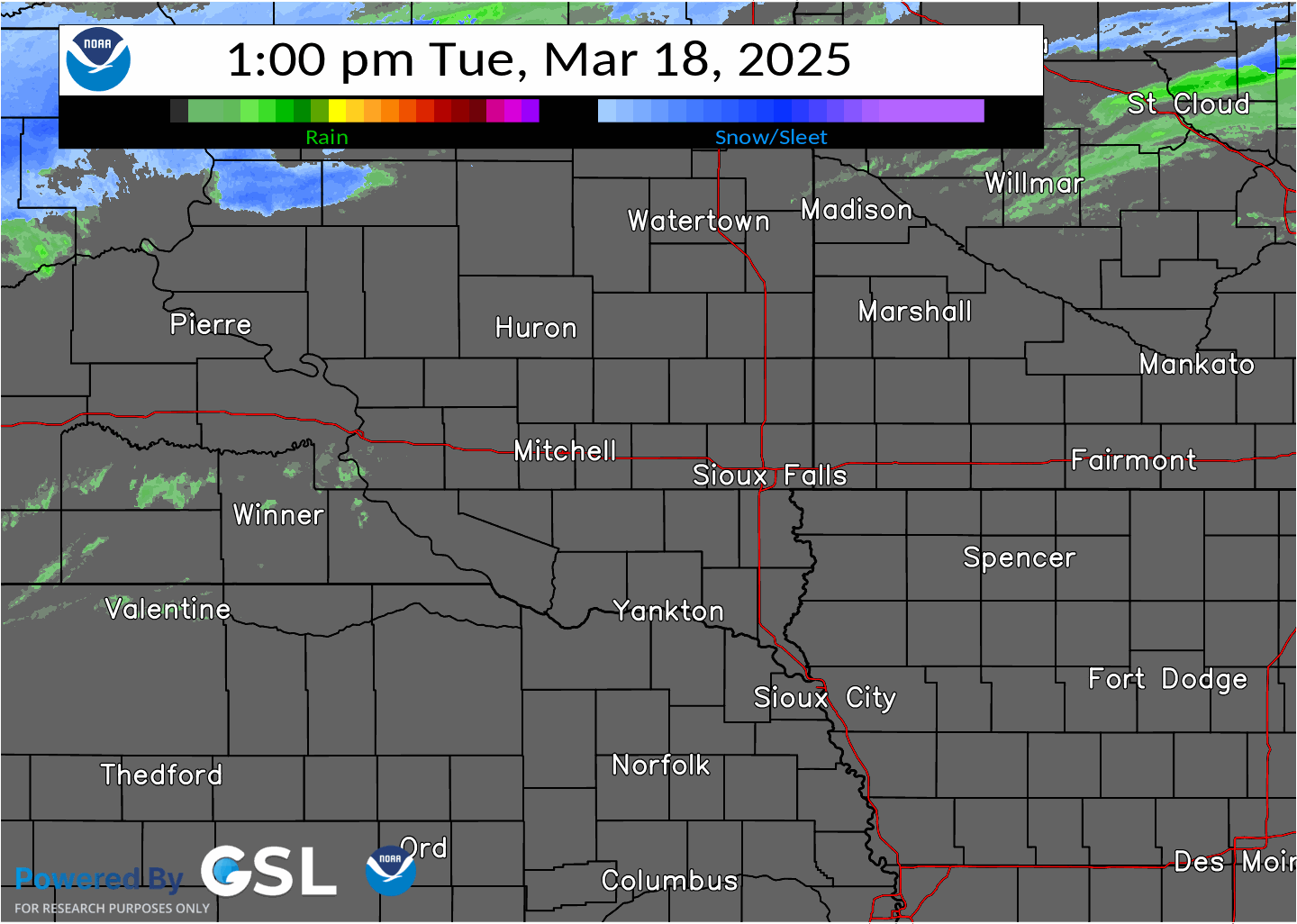 Radar Precipitation Type from 1 PM Tue March 18th to 1 PM Wed March 19th, 2025