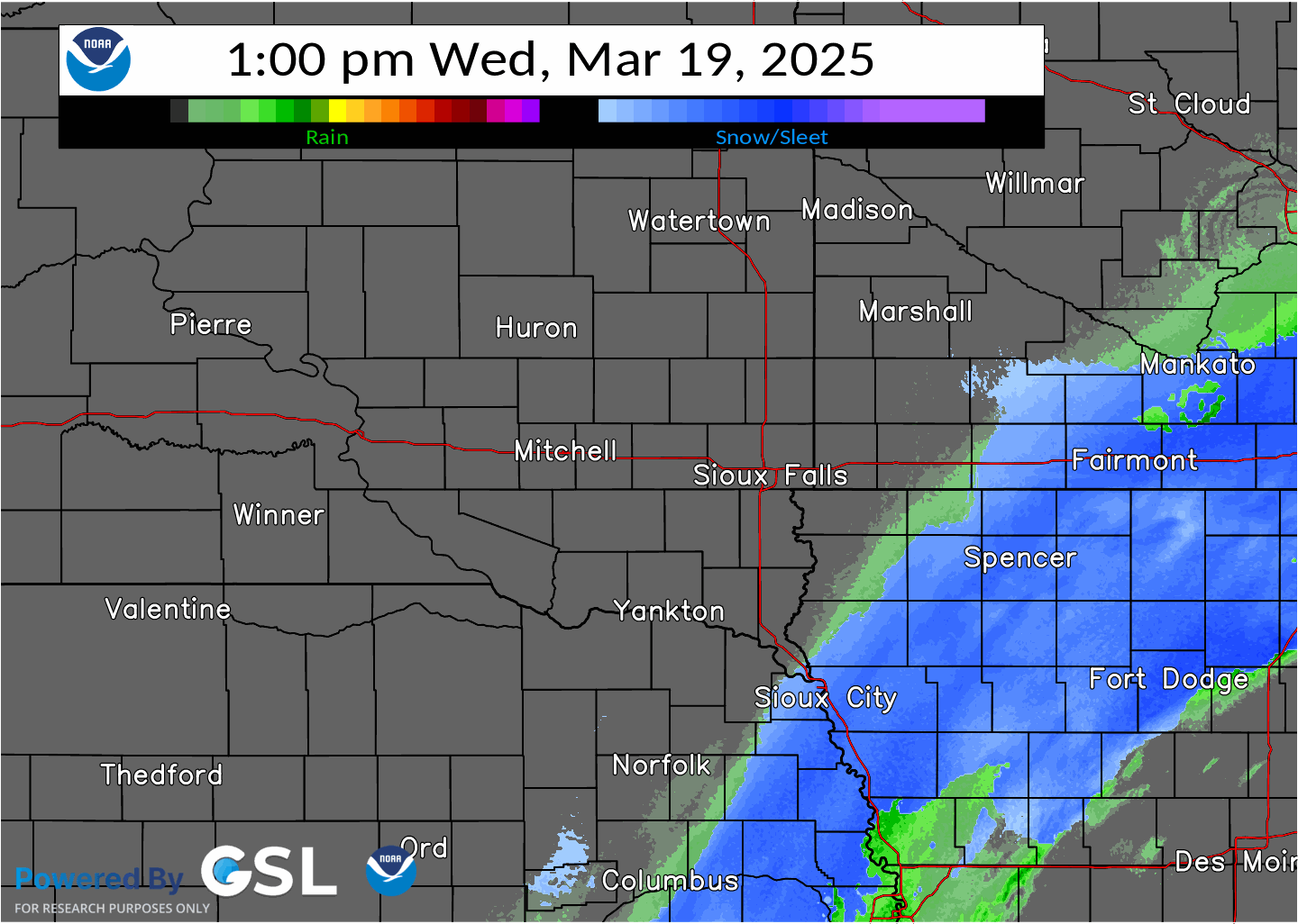 Radar Precipitation Type from 1 PM to 9 PM Wed March 19th, 2025