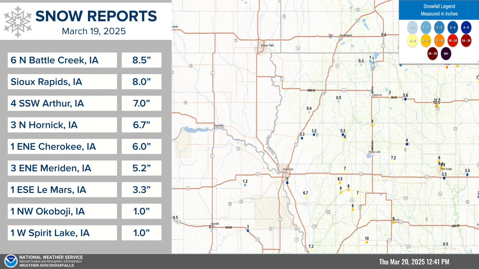 Map of storm total snowfall reports from March 19th, 2025 shows a sharp cutoff on the north side with amounts ranging up to 8 inches.