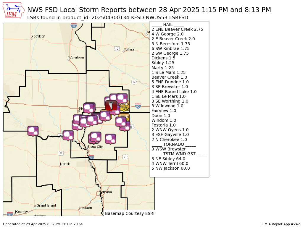 Map of severe storm reports from April 28, 2025 between 1:15 PM and 8:13 PM. Large hail from 2.0 to 2.75 inches was reported near Beaver Creek MN and George IA, with several other hail reports of 1.0 to 1.25 inches. A few severe wind gusts of 60 to 64 MPH were also reported. A tornado was reported near Brewster, Minnesota.