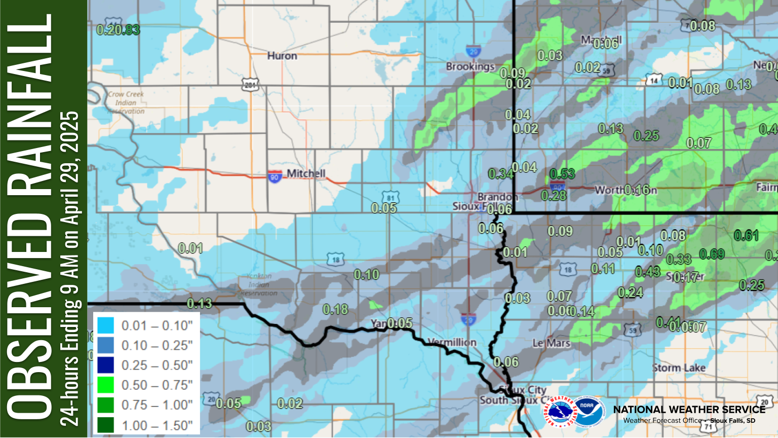 Map of estimated observed rainfall (24-hour totals) ending around 9 am Tuesday, April 29, 2025. Swaths of reports ranging from 0.50" to 1.00" were common with storms which tracked across southwest Minnesota and northwest Iowa Monday afternoon. 