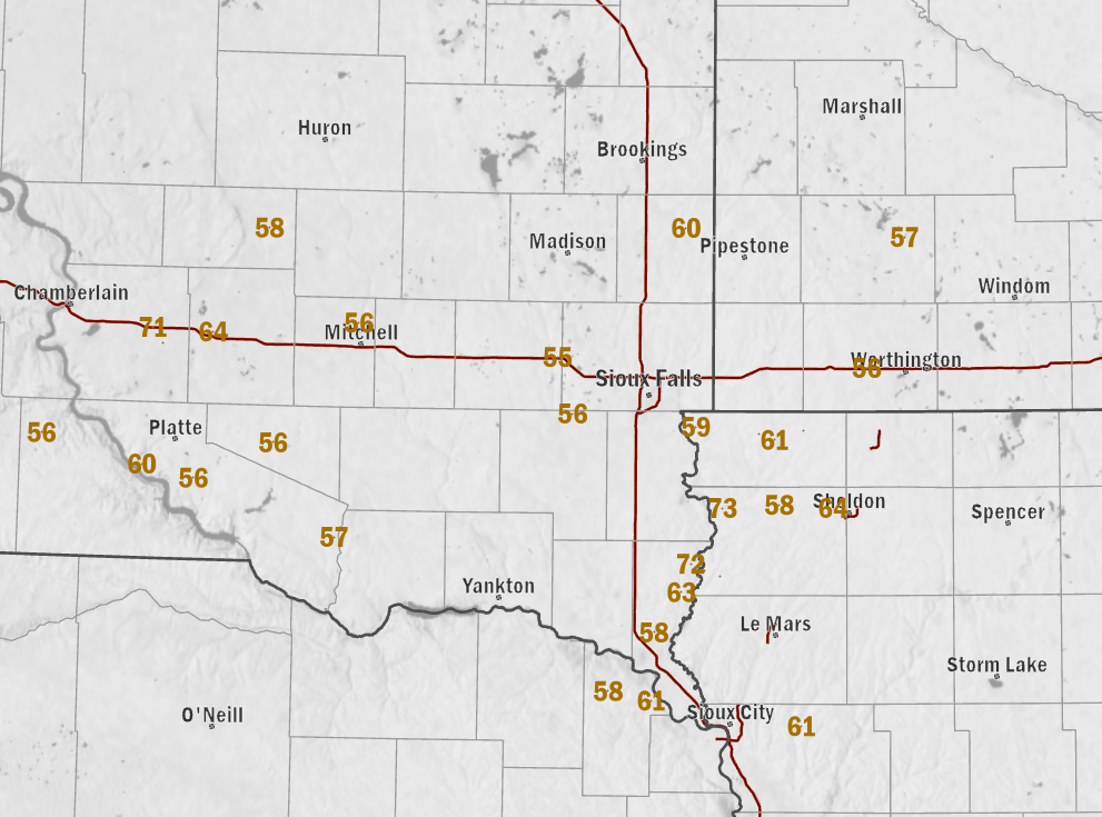 Map of peak wind gusts in mph